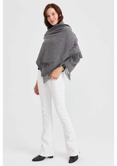 Desen Triko Kadın Triko Kenarı Çiçekli Yün Şal 23224 Füme