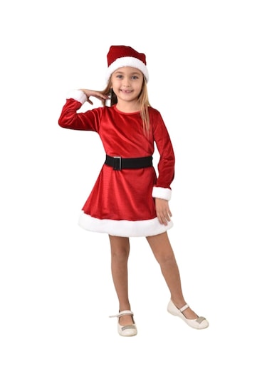 Yeni Sezon Yılbaşı Elbise Kukuleta Kemer 3 Parçalı Takım Noel Elbise Kırmızı Kadife Kırmızı