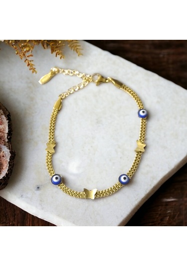 Çelik Kelebek Lacivert Göz Altın Renk Kararmaz Bayan Bileklik Çelik