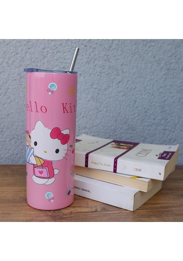 Hello Kitty Kapaklı -pipetli Paslanmaz Çelik Kupa-1957