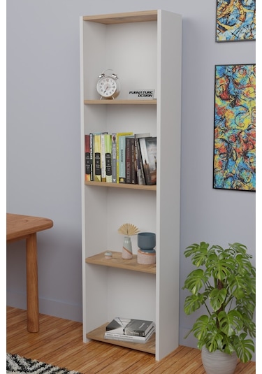 5 Raflı Kitaplık Arkalıklı Dar Raf Kütüphane Beyaz - A.çam