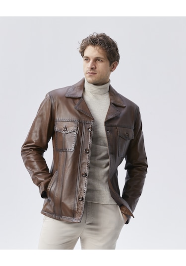 Hakiki Deri Ceket Karartmalı Koyu Kahverengi