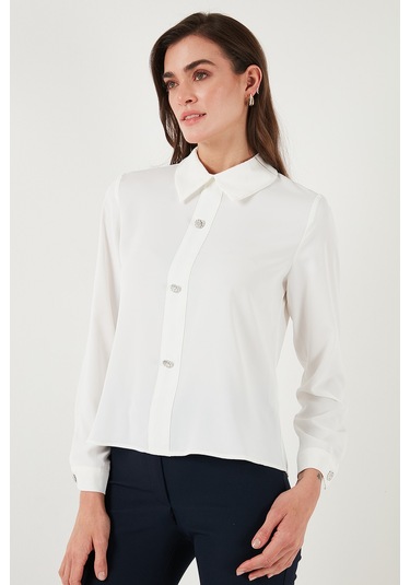 Lela Taşlı Regular Fit Gömlek Yaka Fermuarlı Bayan Bluz 611Bz0493 Ekru