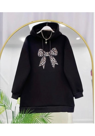Lovie Moda Kadın Leopar Fiyonk Baskılı Sweatshirt Siyah