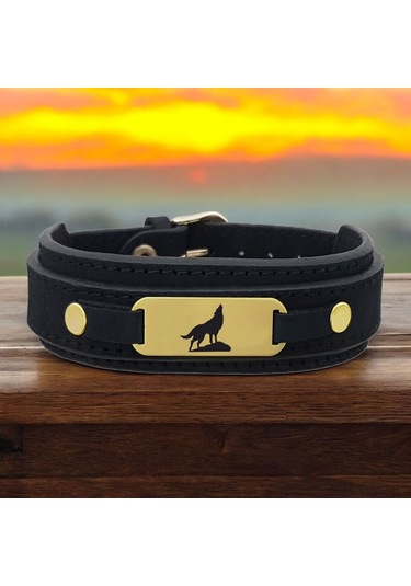 Archin Bozkurt Temalı Doğal Siyah Derili Oval Motifli 14 Ayar Altın Plakalı Hediye Bileklik-438sembol Bozkurt