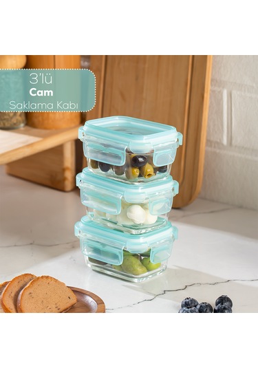 Porsima 4373 3 Lü Kilitli Sızdırmaz Kapaklı Yiyecek Erzak Saklama Kabı Seti - Cam Saklama Kabı - 150ml Yeşil Yeşil