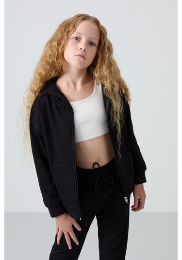 Tommy Life Siyah Pamuklu İçi Tüylü Yumuşak Dokulu Standart Fit Nakışlı Kız Çocuk Eşofman Takım - 75148 Siyah