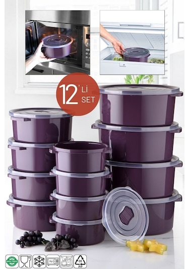 Nandy Home Mikrodalga Difrizde Kullanılabilen Saklama Kabı Seti Yuvarlak 12'Li Mürdüm