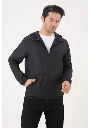 Erkek Kapüşonlu Su Ve Rüzgar Geçirmez Cepli Astarlı Oversize Yağmurluk Siyah