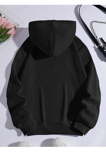 Düz Basic Sweatshirt - Siyah Oversize Kapüşonlu Siyah