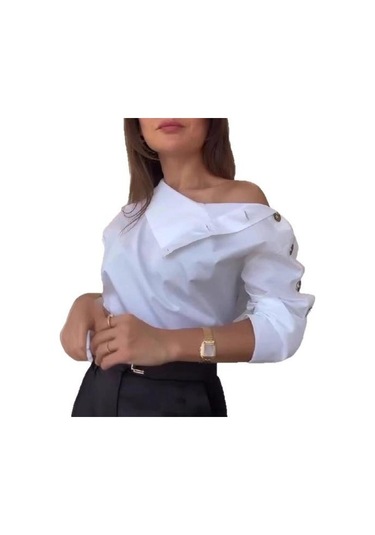 Kadın Gömlek Düğme Eklemeli Balıkçı Yaka Uzun Kollu Rahat Bol Kesim Gömlek Düz Yeşil