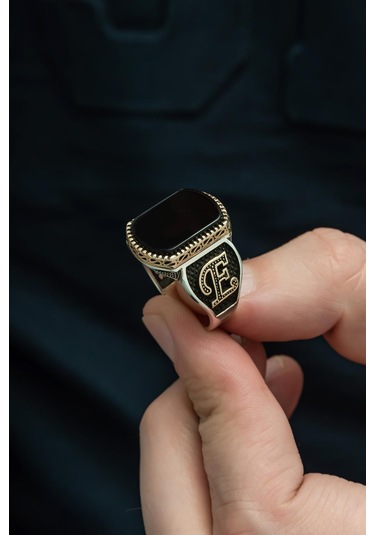 Yüzük Sanatı Oniks Taşlı Harfli 925 Gümüş Erkek Yüzük