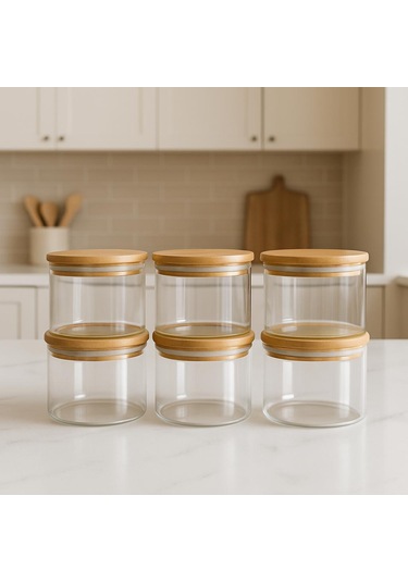 6'lı Borosilikat Cam Kahvaltılık Seti - Sızdırmaz Silikonlu Bambu Kapak - 90 X 70 Mm-400 Ml Beyaz