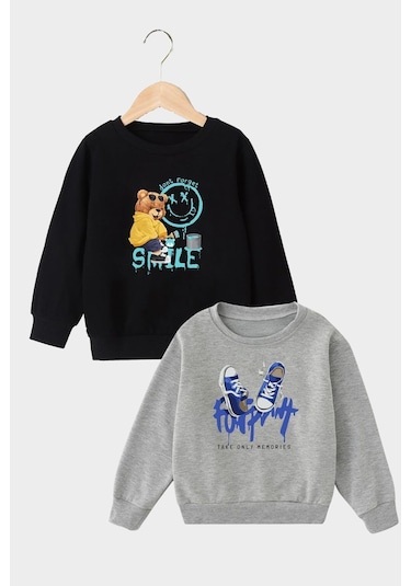 2'li Smile-footprint Baskılı Erkek Çocuk Gri-siyah Sweatshirt Gri - Siyah