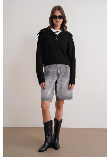 6900 Kadın Düğmeli Devrik Yaka Triko Kazak Siyah Siyah