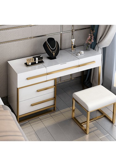 Cristina Beyaz Gold Metal Makyaj Masası