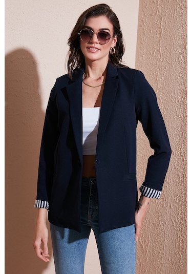 Lela Standart Fit Mono Yaka Desenli Astar Detaylı Blazer Bayan Ceket 6524003 Lacivert