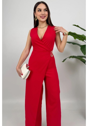 Crimson Icon Kadın Kemer Detaylı Askılı Bol Paça Kırmızı Tulum Rahat Şık Yazlık Kombin Kırmızı