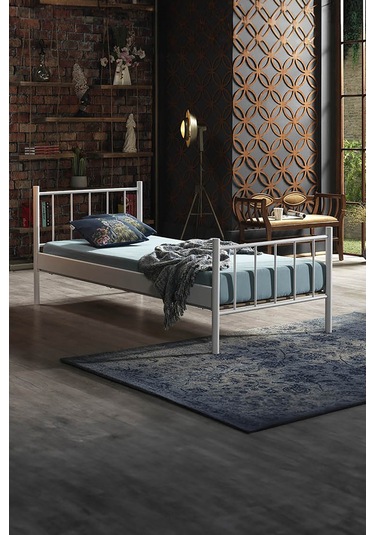 Falez Tek Kişilik Ferforje Metal Karyola-beyaz Ahşap Latalı