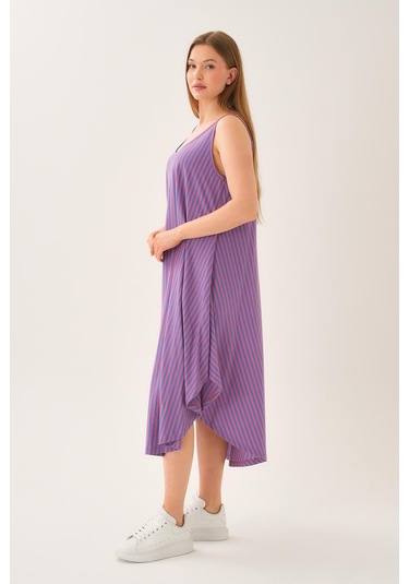 Asimetrik Kesim Çizgili Kolsuz Elbise Mor