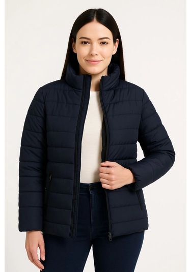 Kadın Bomber Mont Ceket - Su İtici Kumaş, Kapitone Astarlı, Fermuarlı, Kışlık - Lacivert Çok Renkli