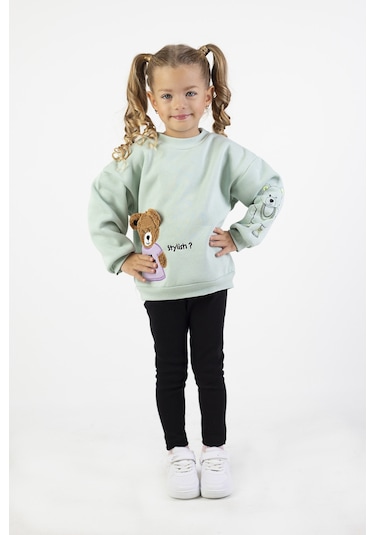 Kız Çocuk Orta Kalınlıkta Baskılı Örme Basic Taytlı Alt Üst Takımı Yeşil