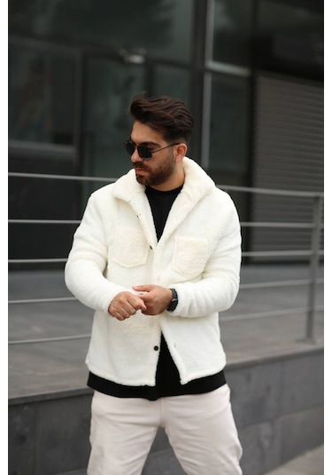 Sr Tekstil Pelüş Ceket Unisex Normal Kalıp Cep Detaylı Beyaz