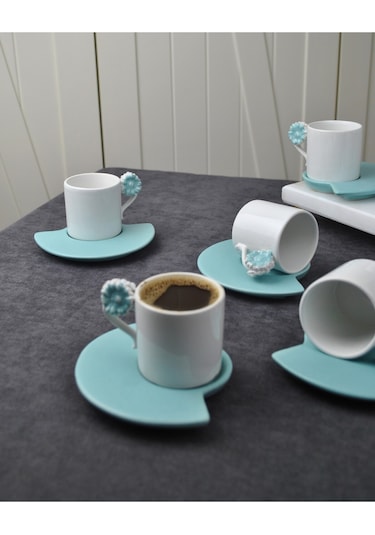 6 Kişilik 12 Parça Seramik Çiçekli Kahve Fincanı 100 Ml Türk Kahve Fincan Takımı Mavi