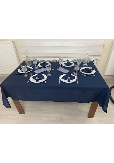 Keten Görünümlü Begonvil Masa Örtüsü Lacivert 25 Parça Set