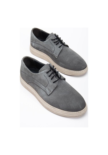 Hakiki Deri Süet Erkek Günlük Aykkabı Gri Bağlı Bej Taban-3815 Gri
