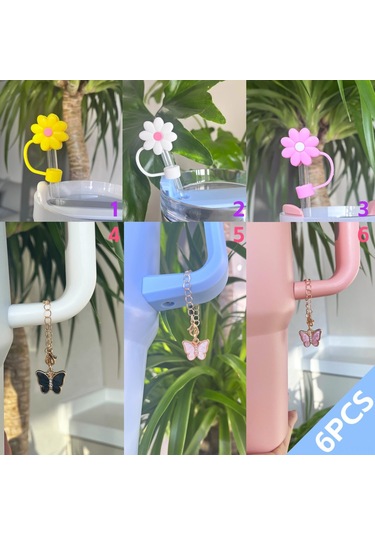 Youtek 6'lı Gümüşlü Silikon Bardak Kılıfı Seti: Renkli Çiçek Ve Kelebek Charmlı, Toz Ve Dökülme Koruyucu, Okul Ofis Dış Etkinlikler İçin Çok Renkli