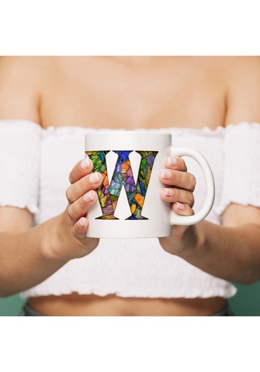 W Harfi Bardak 330 Ml İsme/harfe Özel Hediye, Renkli Harf Tasarım Beyaz