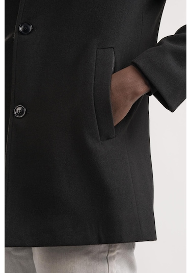 Slimfit Hakim Yaka Düğme Kapamalı Yan Cepli Astarlı Tek Yırtmaçlı Yünlü Kaşe Kaban Siyah