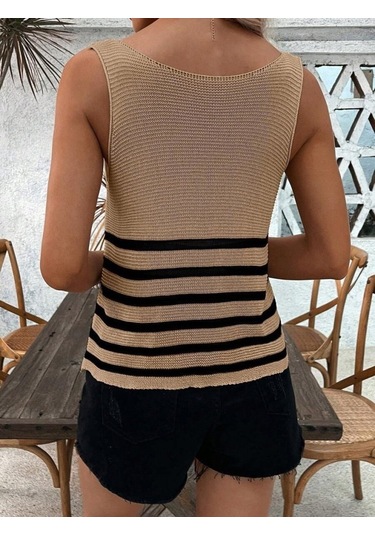 Kadın Sıfır Kol Yuvarlak Yaka Şerit Detay Triko Bluz Kahve