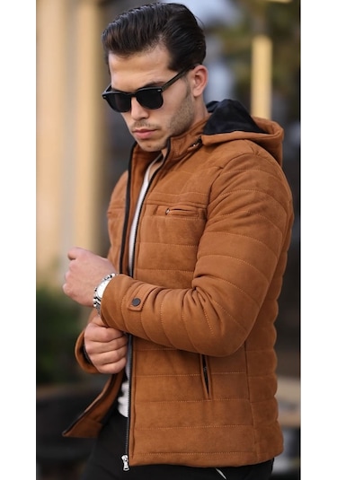 Erkek Taba Dar Kesim Kapüşonlu Süet Mont Taba