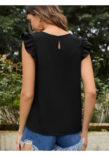 Kadın Yuvarlak Yaka Kolları Fırfırlı Krep Bluz Siyah