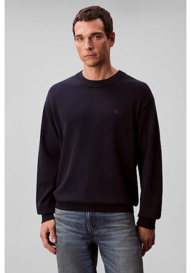 Erkek Nakışlı Harf Logolu Bisiklet Yaka Kazak - Lacivert Dark Sapphire