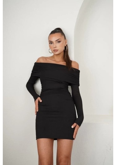Kadın Madonna Mendil Yaka Fırsat Ürün Büzgülü Mini Elbise Siyah
