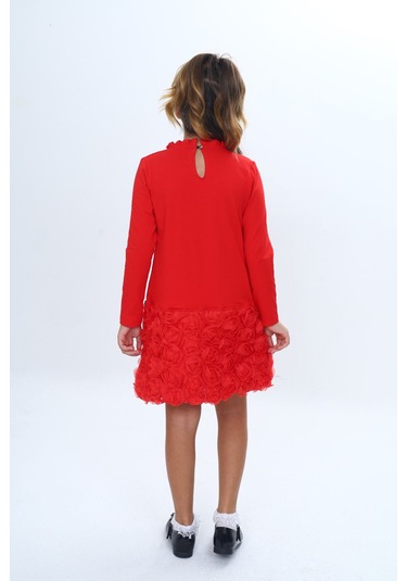 Toontoy Kız Çocuk Yaka Fırfır Etek 3d Güllü Elbise Kırmızı