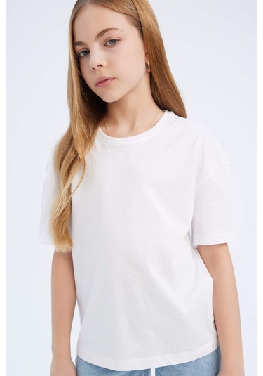 DeFacto Kız Çocuk Relax Fit Bisiklet Yaka Basic Düz Kısa Kollu Tişört D9099A825SMWT34 Beyaz