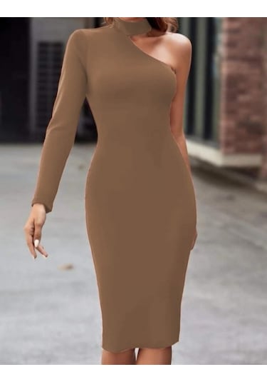 Kadın Uzun Kollu Tek Omuz Ve Kol Açık Detay Viskon Mini Boy Elbise Kahve