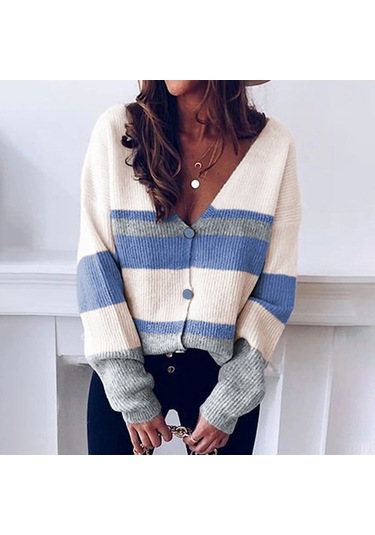 Danrimaoyi Kadın Renk Renk Örgü Avrupa Ve Amerikan Sonbahar Ve Kış Yeni V Yaka Çizgili Hırka Mavi