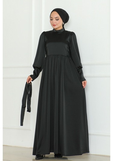 Kuşaklı Saten Abiye 1136 - Siyah