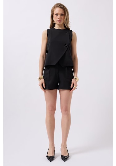 Modasize Yandan Düğmeli Dokuma Yelek Siyah