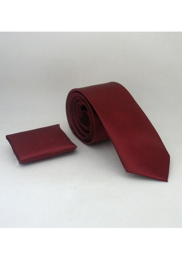 Bordo Slim Fit Düz Renk Mendilli Saten Kravat - SS-37 Bordo