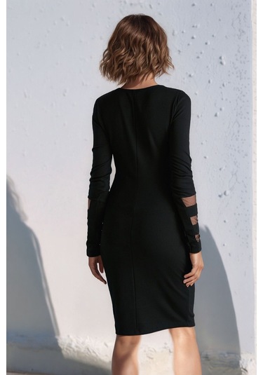 Kadın Kolları Ve Yakası Tasarım Tül Detaylı Uzun Kol Kışlık Şık Elbise Siyah