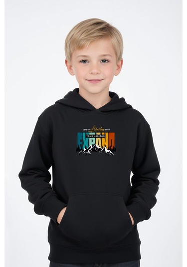 Kapüşonlu Kanguru Cepli Expand Baskı Detaylı Erkek Çocuk Sweatshirt Siyah