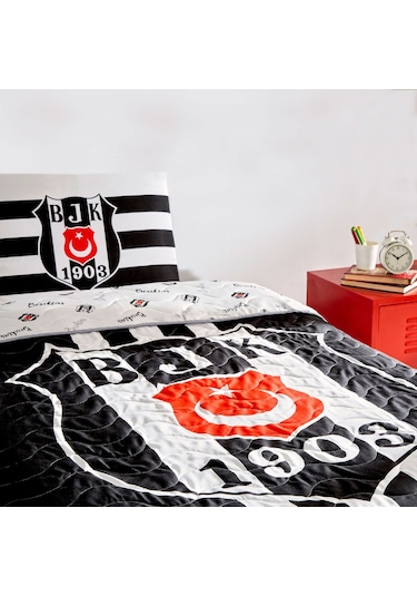 Lisanslı Beşiktaş Stripe Tek Kişilik Yatak Örtüsü Seti Siyah-beyaz