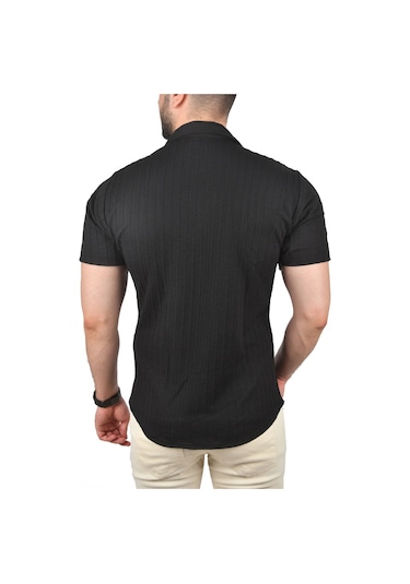 Deepsea Erkek Siyah Slim Fit Pamuklu Apaş Yaka Kısa Kol Penye Gömlek Dokulu Jakar Kumaş Dar Kesim Spor Gömlek 2501216 Siyah