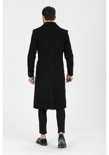 Erkek Siyah Dar Kesim Uzun Kaşe Gömlek Yaka Palto & Kaban Siyah